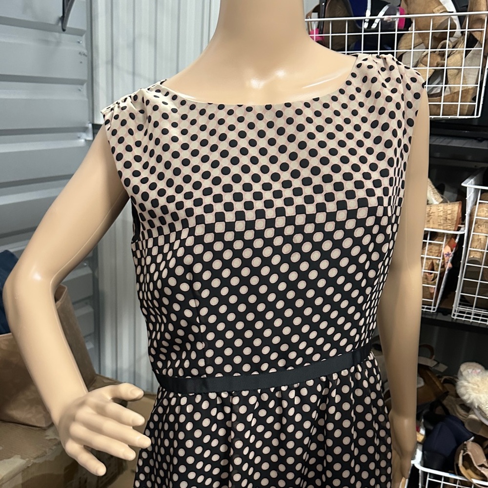 LOFT Black and Cream Polka Dot sleeveless scoop neck side zip Midi Dress size 10